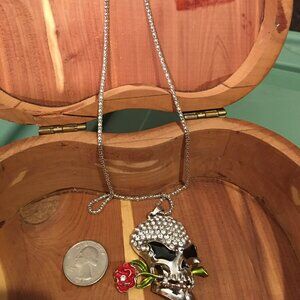 Men's Skull w/ Rose Biker Chain Pendant Necklace Goldtone